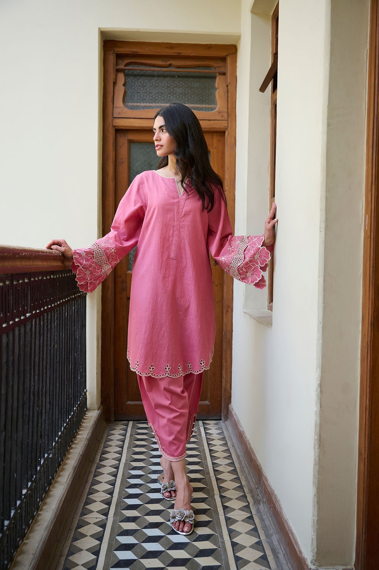 SS24DC-2321 PINK 2PCS EMBROIDERED KURTA WITH TROUSER  - DHANAK