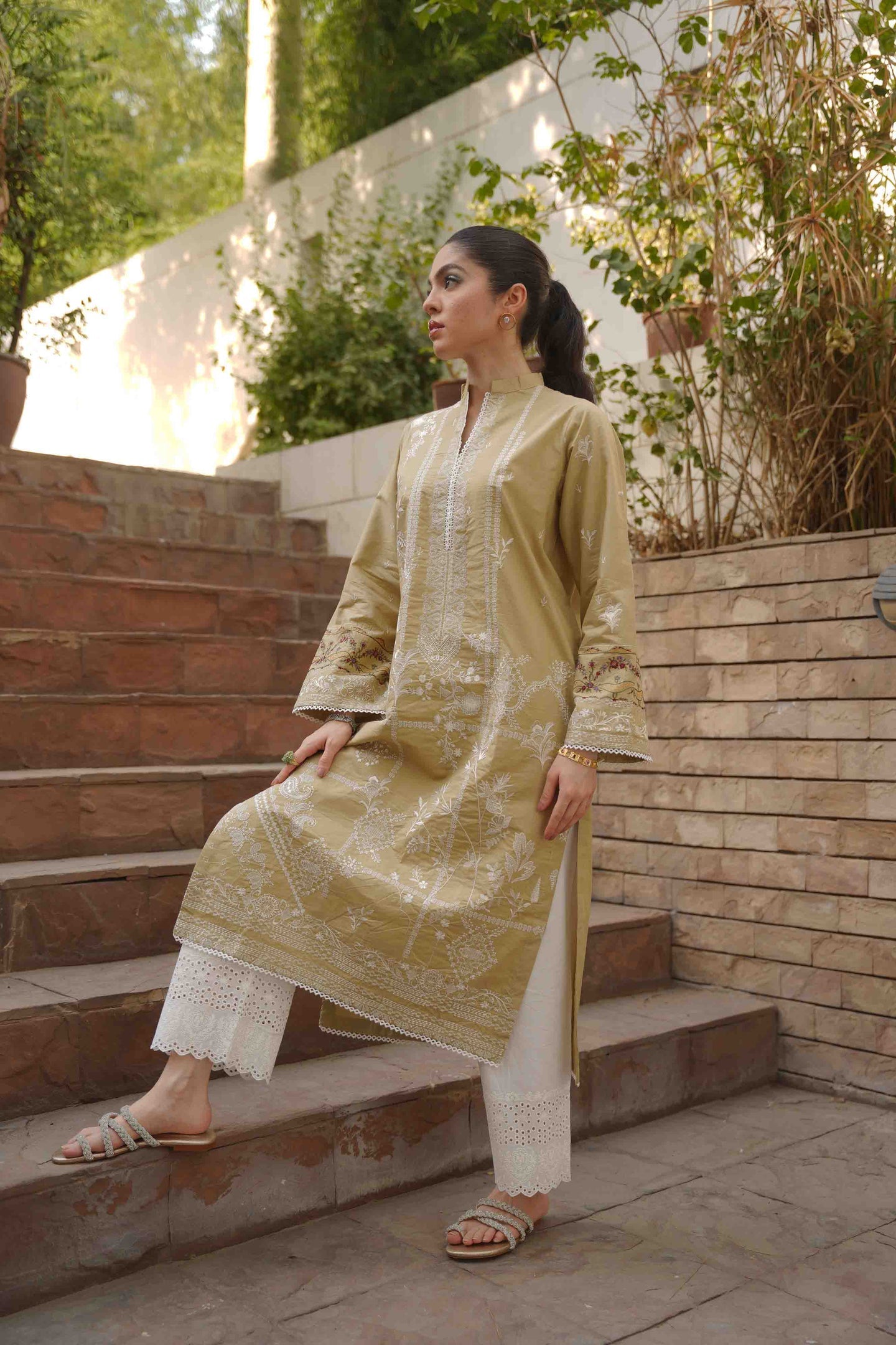 Hollyhocks Kurta - Beige