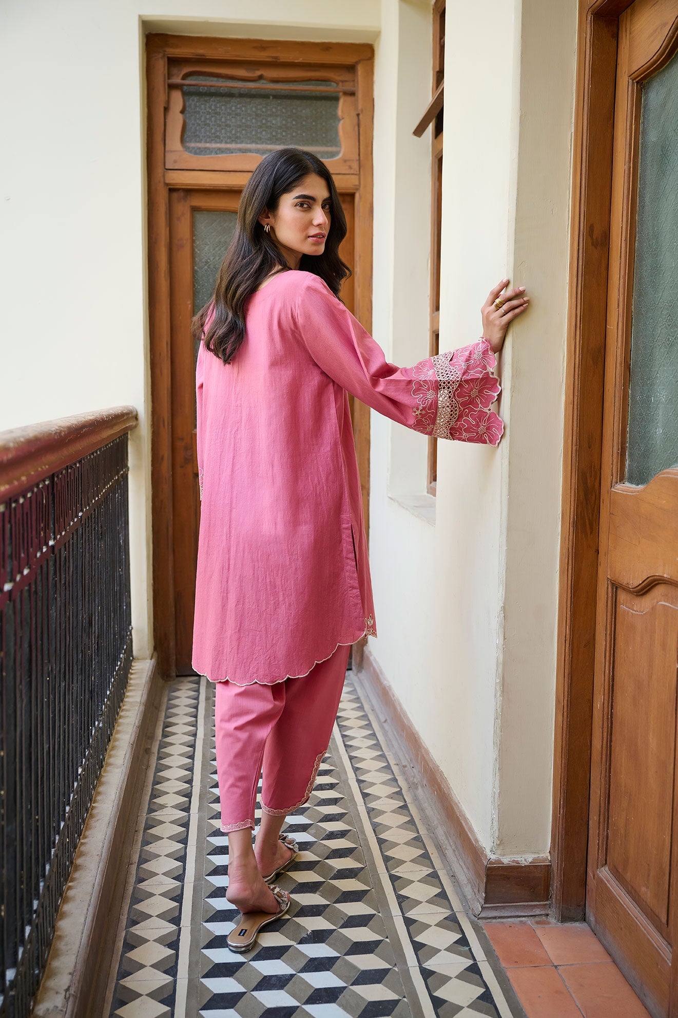 SS24DC-2321 PINK 2PCS EMBROIDERED KURTA WITH TROUSER  - DHANAK