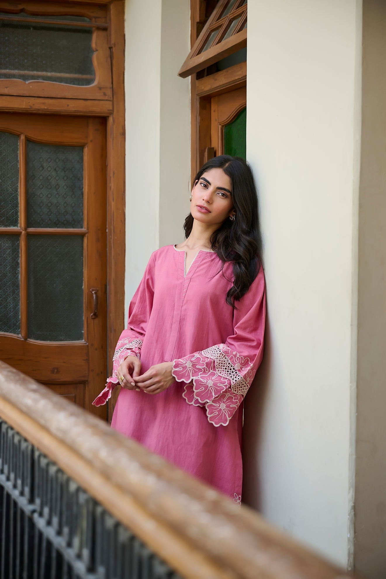 SS24DC-2321 PINK 2PCS EMBROIDERED KURTA WITH TROUSER  - DHANAK