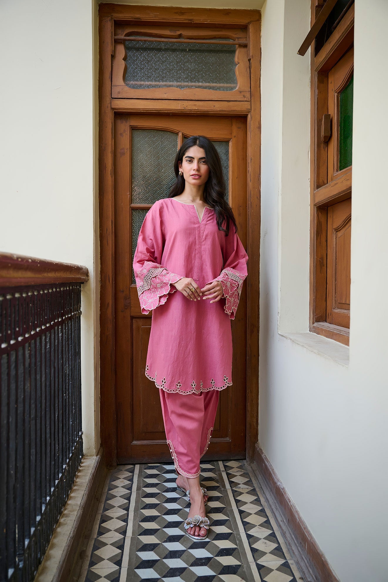 SS24DC-2321 PINK 2PCS EMBROIDERED KURTA WITH TROUSER  - DHANAK