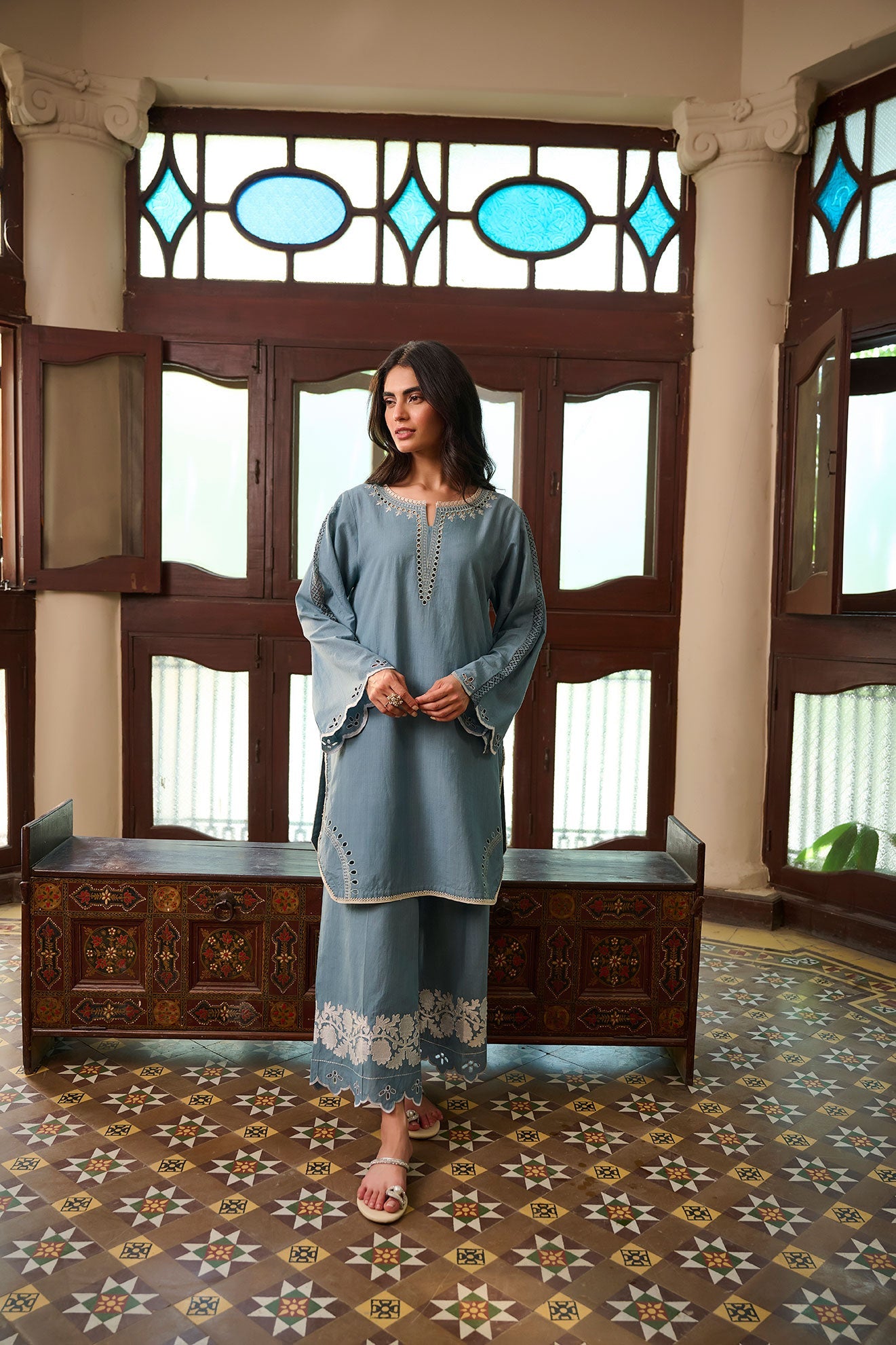 SS24DC-2322 BLUE 2PCS EMBROIDERED KURTA WITH TROUSER - DHANAK