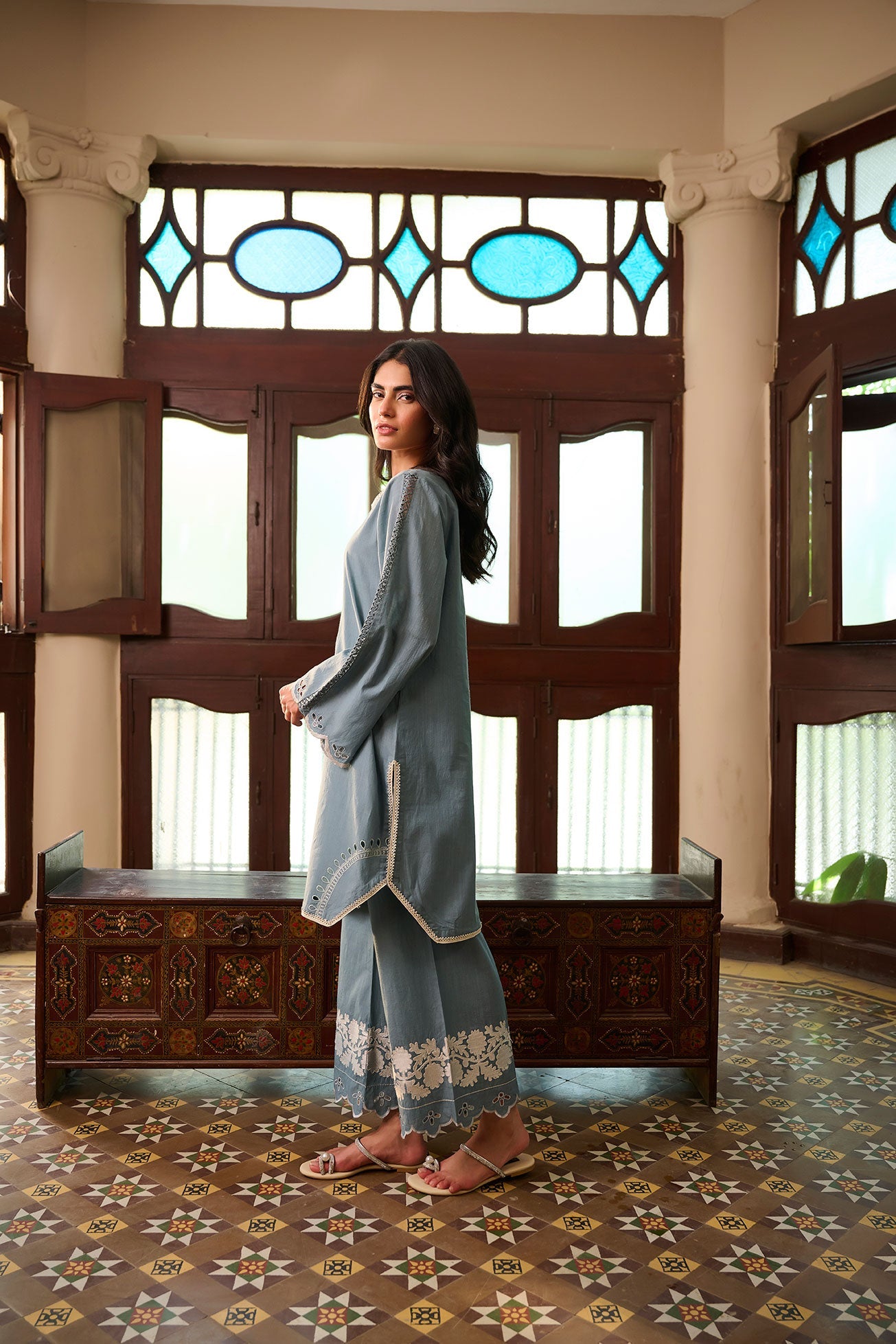 SS24DC-2322 BLUE 2PCS EMBROIDERED KURTA WITH TROUSER - DHANAK